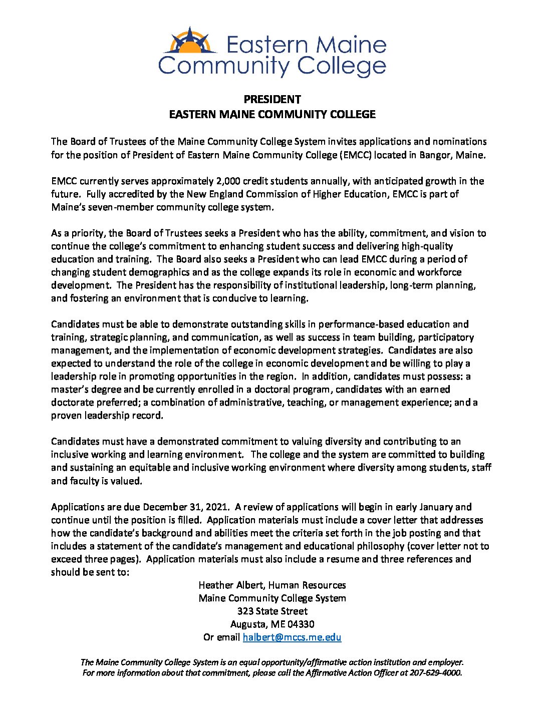 EM President Job Posting - Maine Community College System