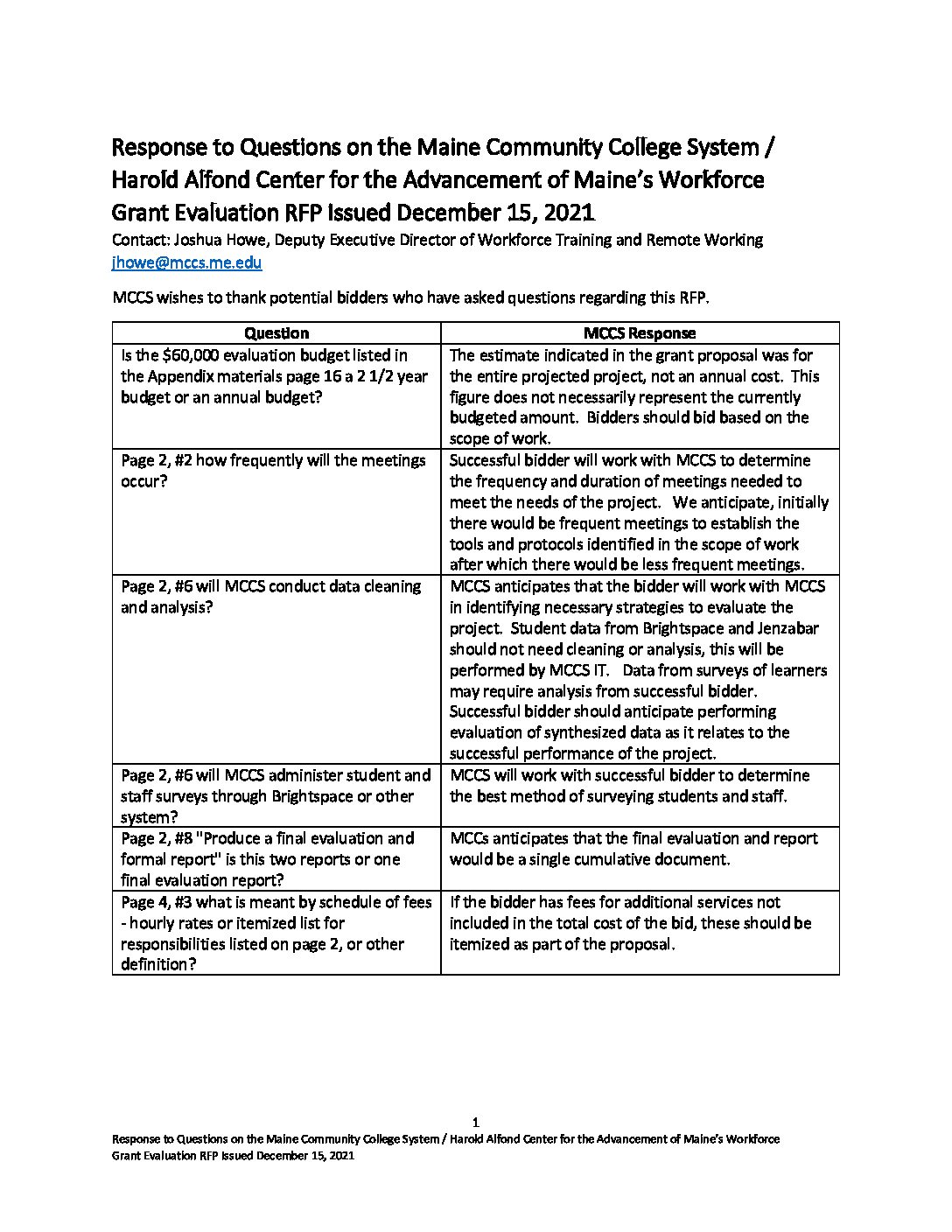 Grant Evaluation RFP Response to Questions - Maine Community 